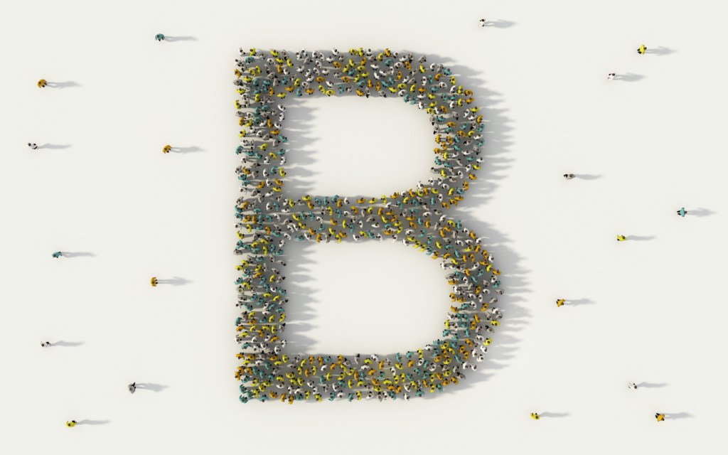 Large group of people forming letter B, capital English alphabet text character in social media and community concept on white background. 3d sign symbol of crowd illustration from above (Large group of people forming letter B, capital English alphabe