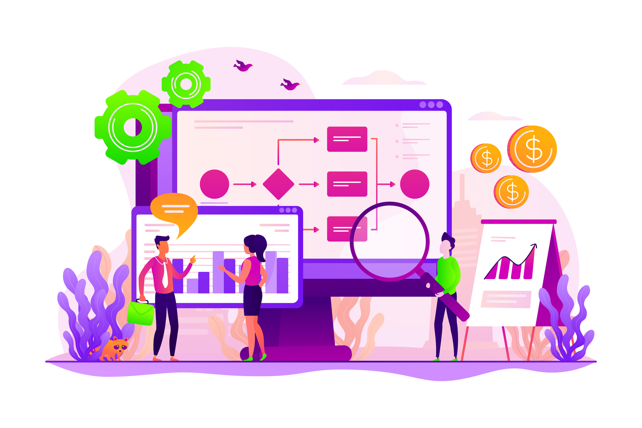 Business process organization and analytics. Business process visualization and representation, automated workflow system concept. Vector concept creative illustration