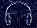 3D headphones with sound waves on dark background. Concept of electronic music listening and digital audio. Abstract visualization of digital sound waves and modern art. Vector illustration. (3D headphones with sound waves on dark background. Concept