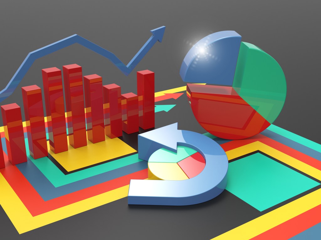 3D graphs and pie charts illustrating the budgeting process at a company.