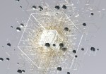 Digital generated image of glowing cube connecting with other cubes and forming big net structure against grey background.