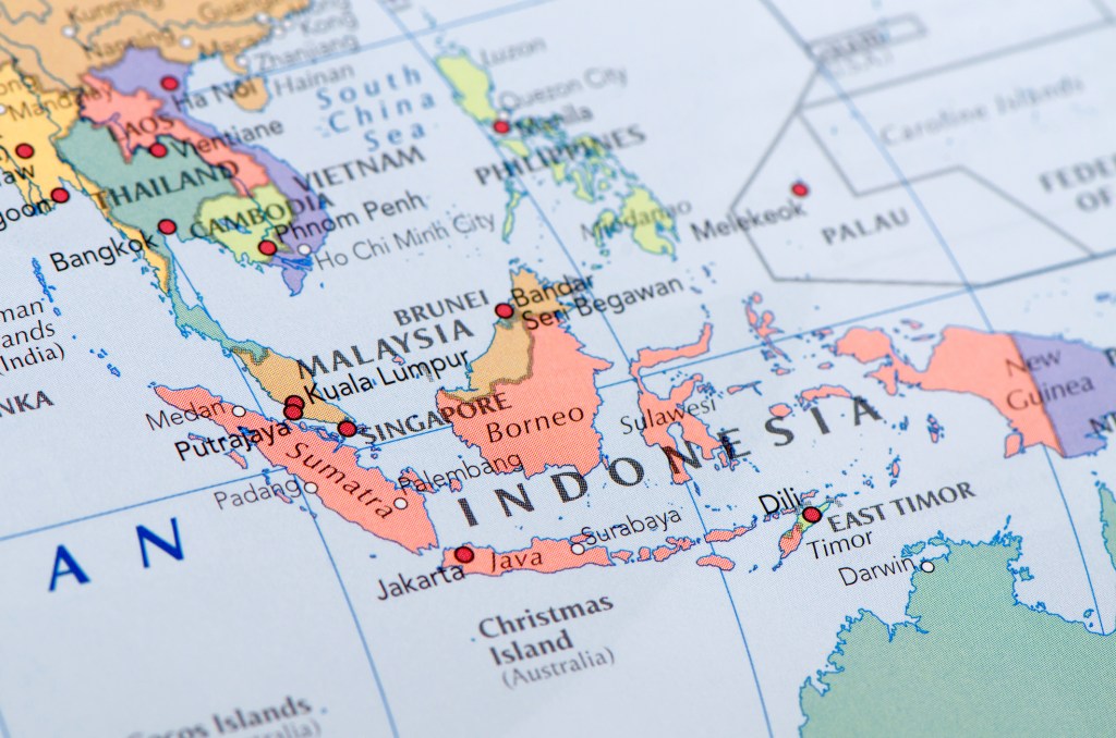 A closeup of a map of Southeast Asia, with Indonesia in focus