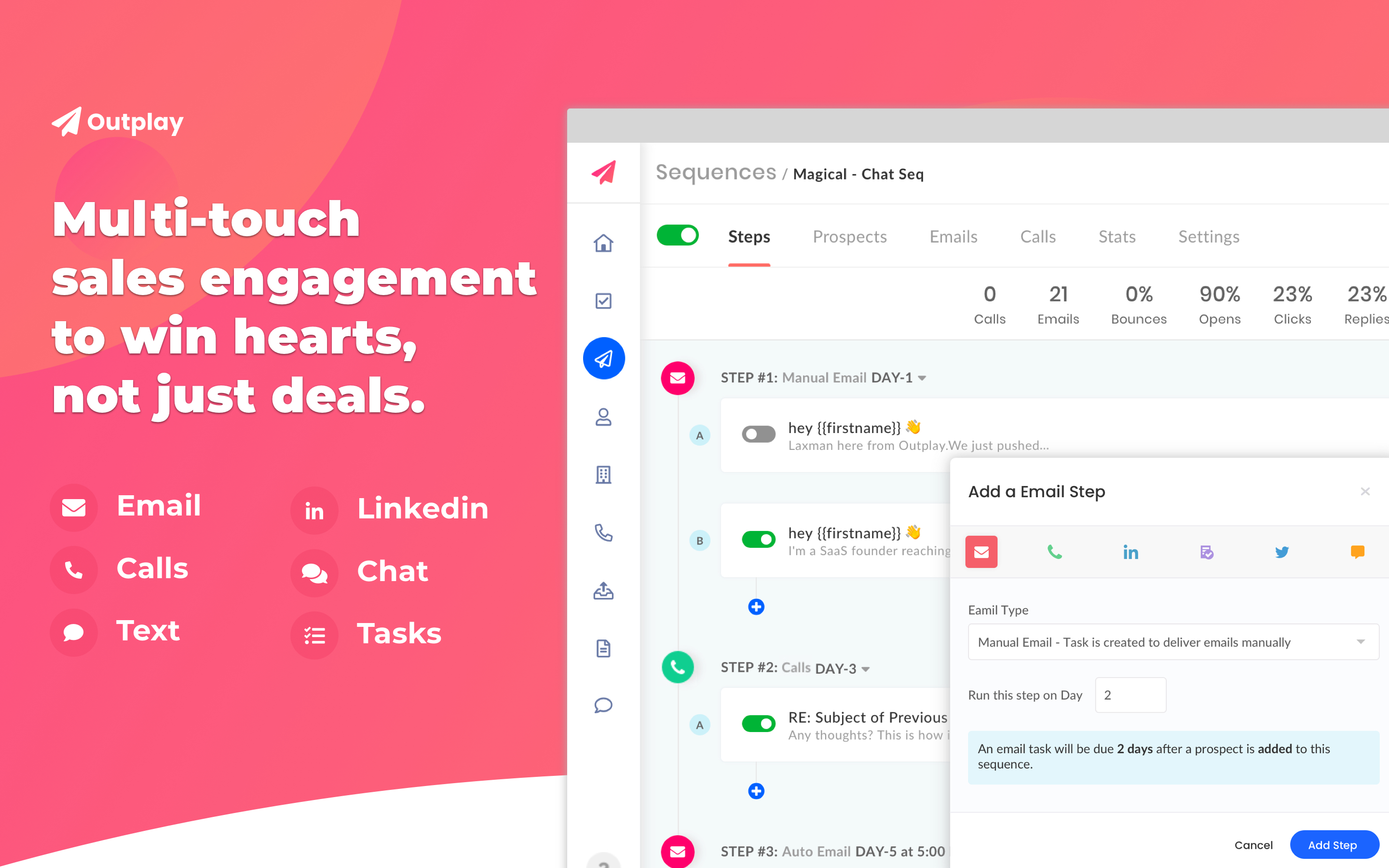 Screenshots of Outplay's sales engagement platform for automating sales tasks