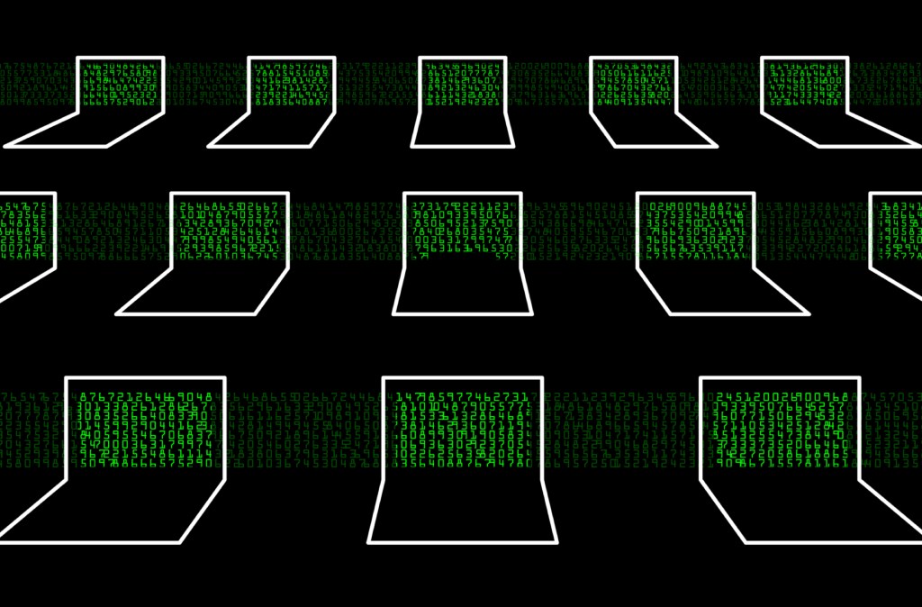 Illustrazione di un gruppo di computer portatili con dati verdi sugli schermi