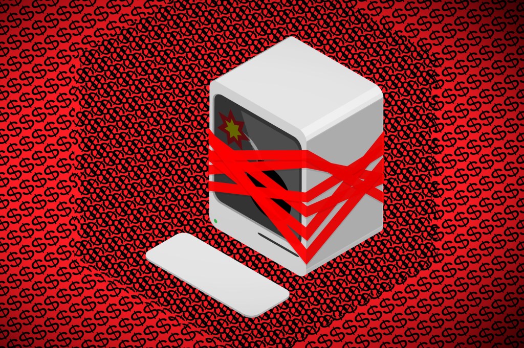 illustration of desktop computer wrapped in red tape