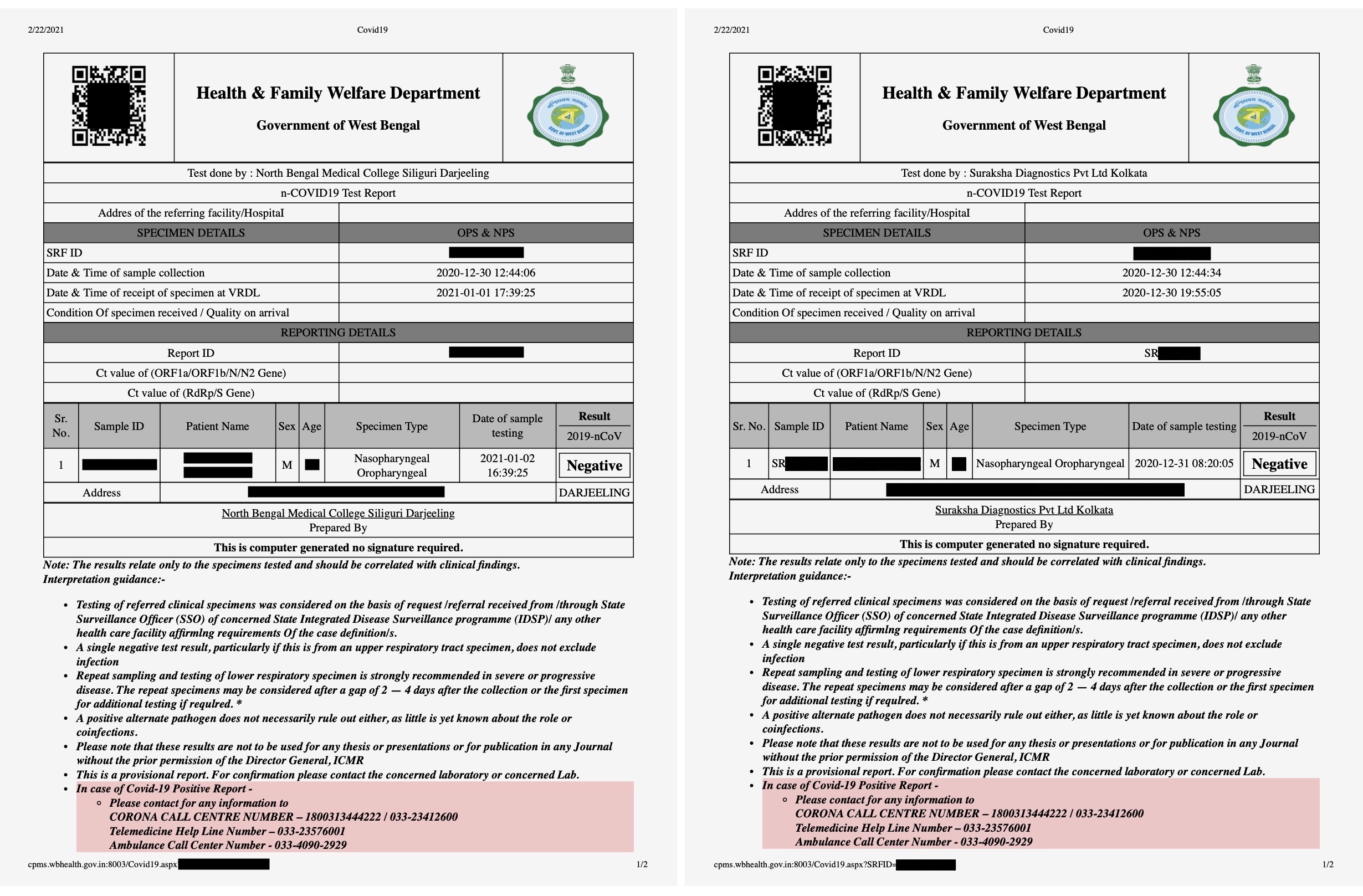 Two COVID-19 lab test results, but with details redacted, to show what kind of data has been exposed.