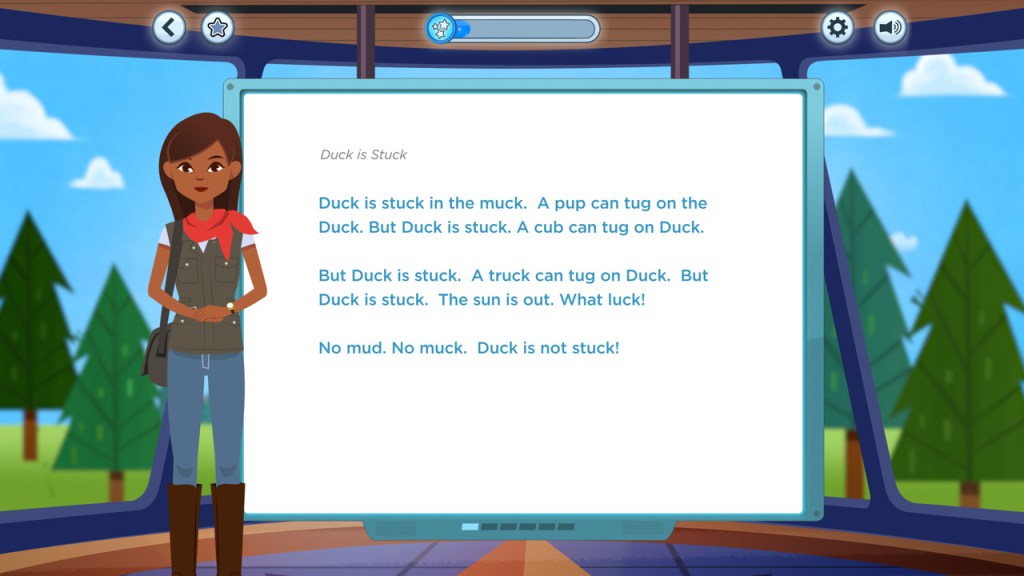 A screenshot of the Amira Learning app, showing a story for a kid to read an a cartoon mascot who cheers them on.