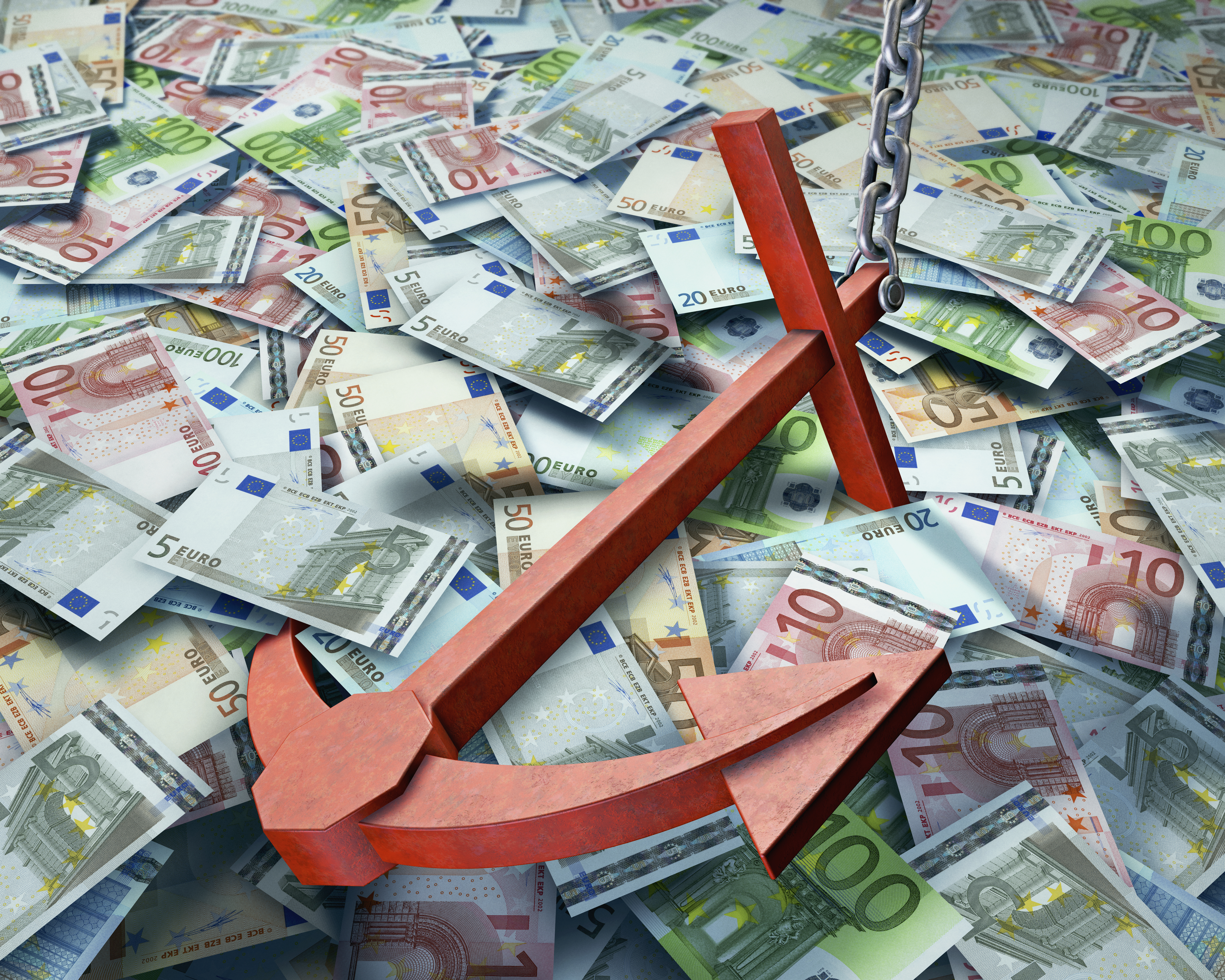 Image of a red anchor resting on pile of money.