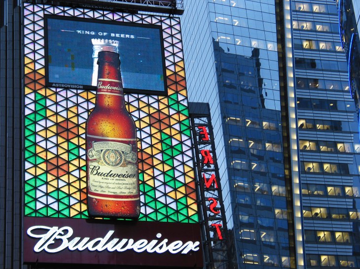 Economy USA: BUDWEISER billboard at Times Square in Manhattan, New York City. BUDWEISER is a trademark of ANHEUSER-BUSCH brewery company