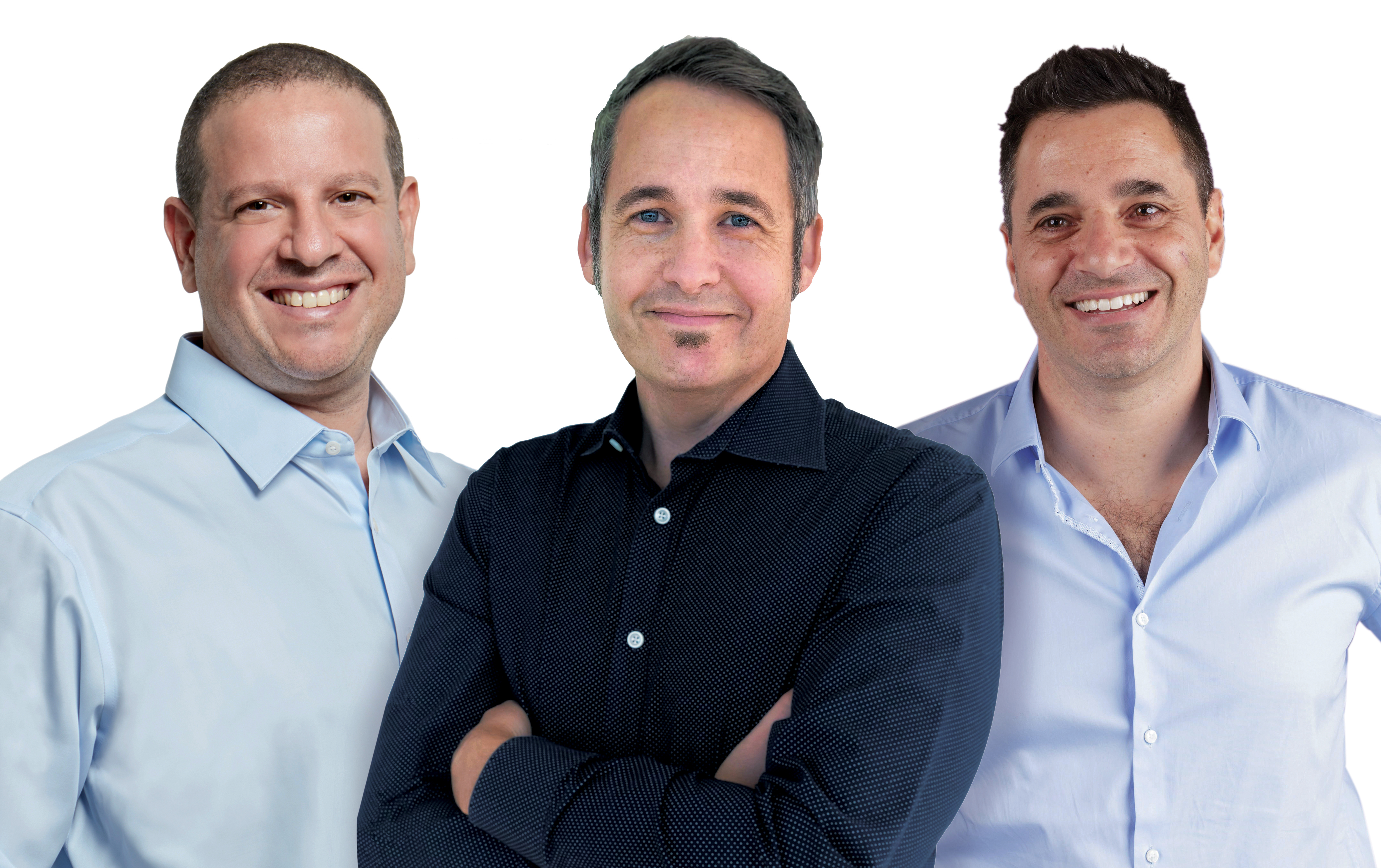 A group photo of Trax's co-founders, Joel Bar-El (left) and Dror Feldheim (right), and Trax's CEO, Justin Behar (center)