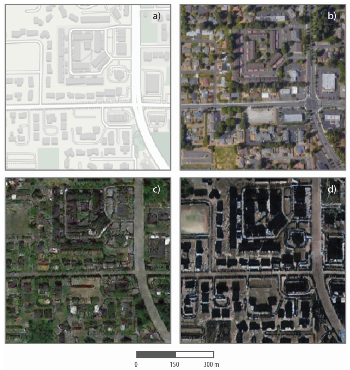Four images show a street map and a real satellite image of Tacoma, and two simulated satellite images of the same streets in Seattle and Beijing.