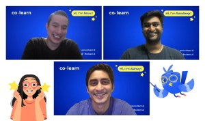 A Zoom screenshot with CoLearn's founding team: Marc Irawan, Abhay Saboo and Sandeep Devaram