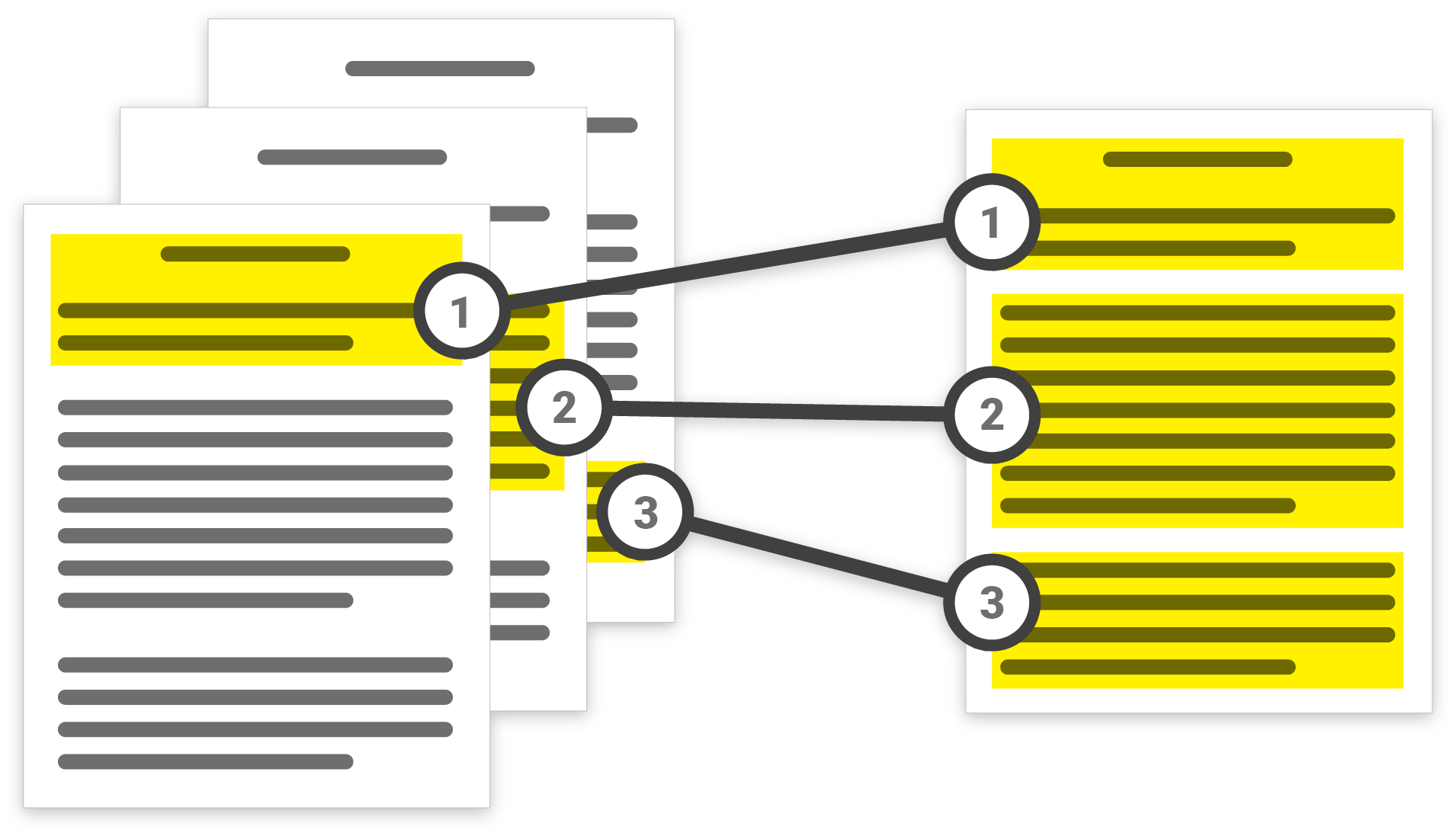 Illustration showing a document corresponding to pieces of another document.