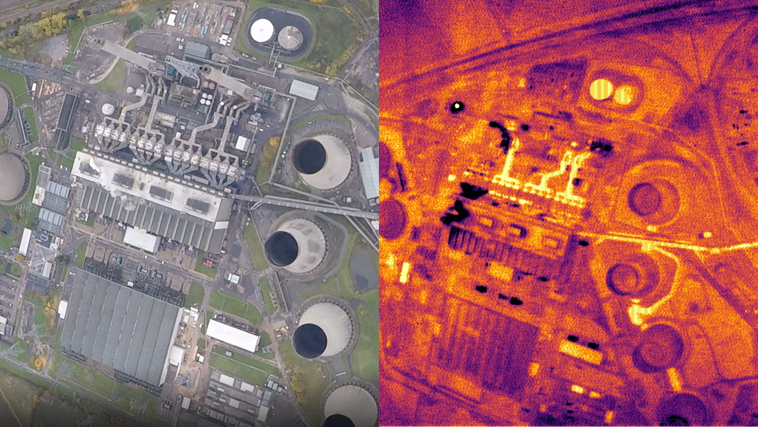 An aerial image side by side with a thermal image of the same area.