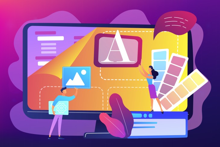 Programmers at computer using low code platform on computer, tiny people. Low code development, low code platform, LCDP easy coding concept. Bright vibrant violet vector isolated illustration