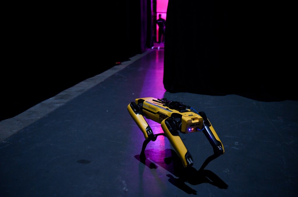 Image of Boston Dynamics' robot dog prior to going on stage during the final day of Web Summit 2019 at the Altice Arena in Lisbon, Portugal. 