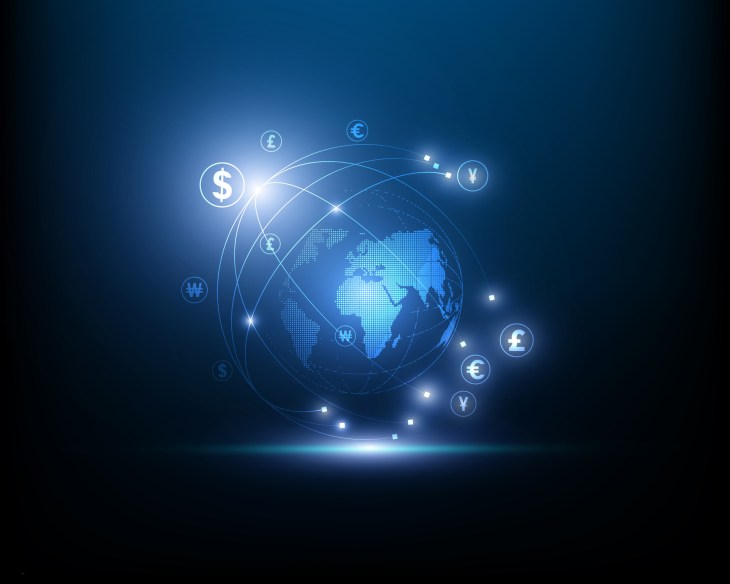 A digital concept illustration with different currency symbols above a globe