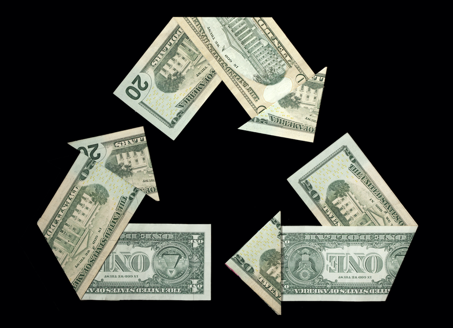 Logo daur ulang dibuat ulang dalam mata uang lipat AS tanpa nomor seri / wajah yang terlihat dll ا