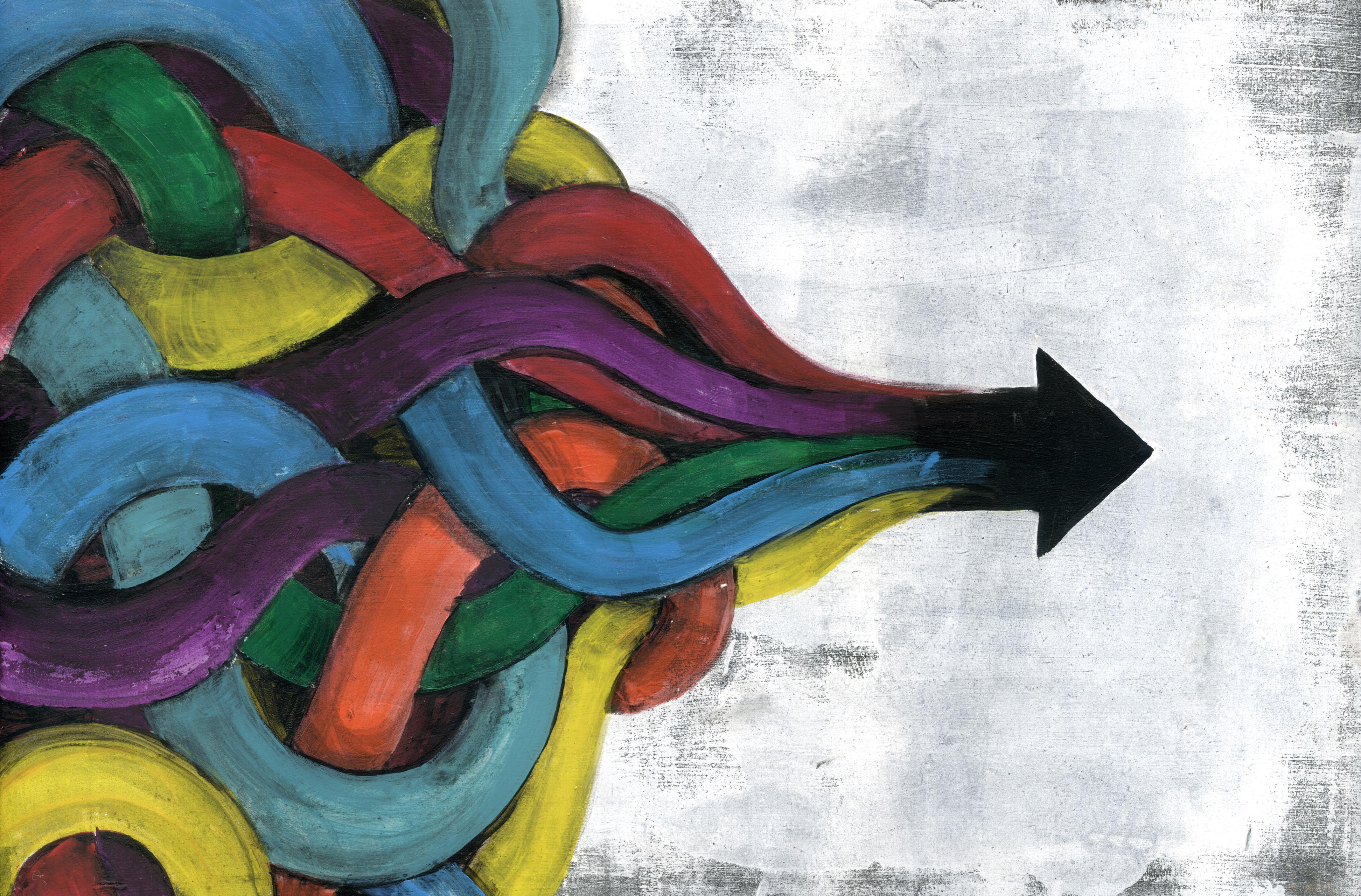 Image of multicolored, complicated, twisted threads combining to form a single arrow against a light gray backdrop.