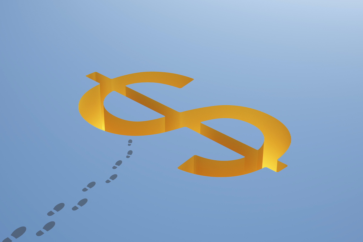 Financial risk concept with dollar sign hole and footprints on blue background.  3D view