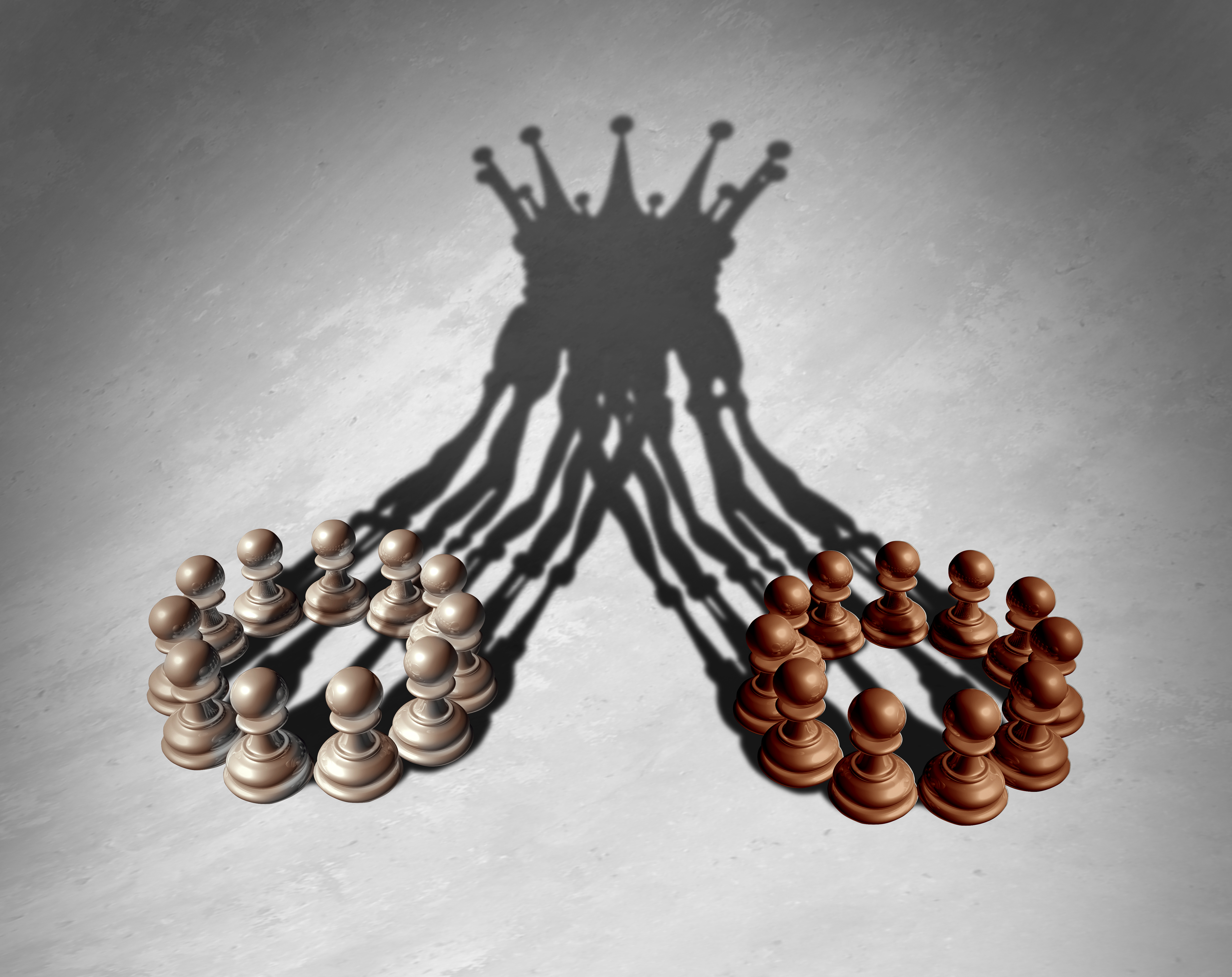 Image of chess pawns forming a king crown cast shadow to represent a merger.