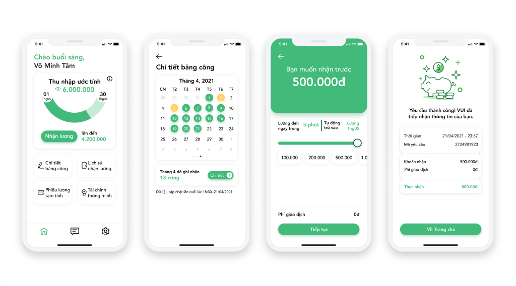 Screenshots from VUI, a flexible pay app for workers in Vietnam