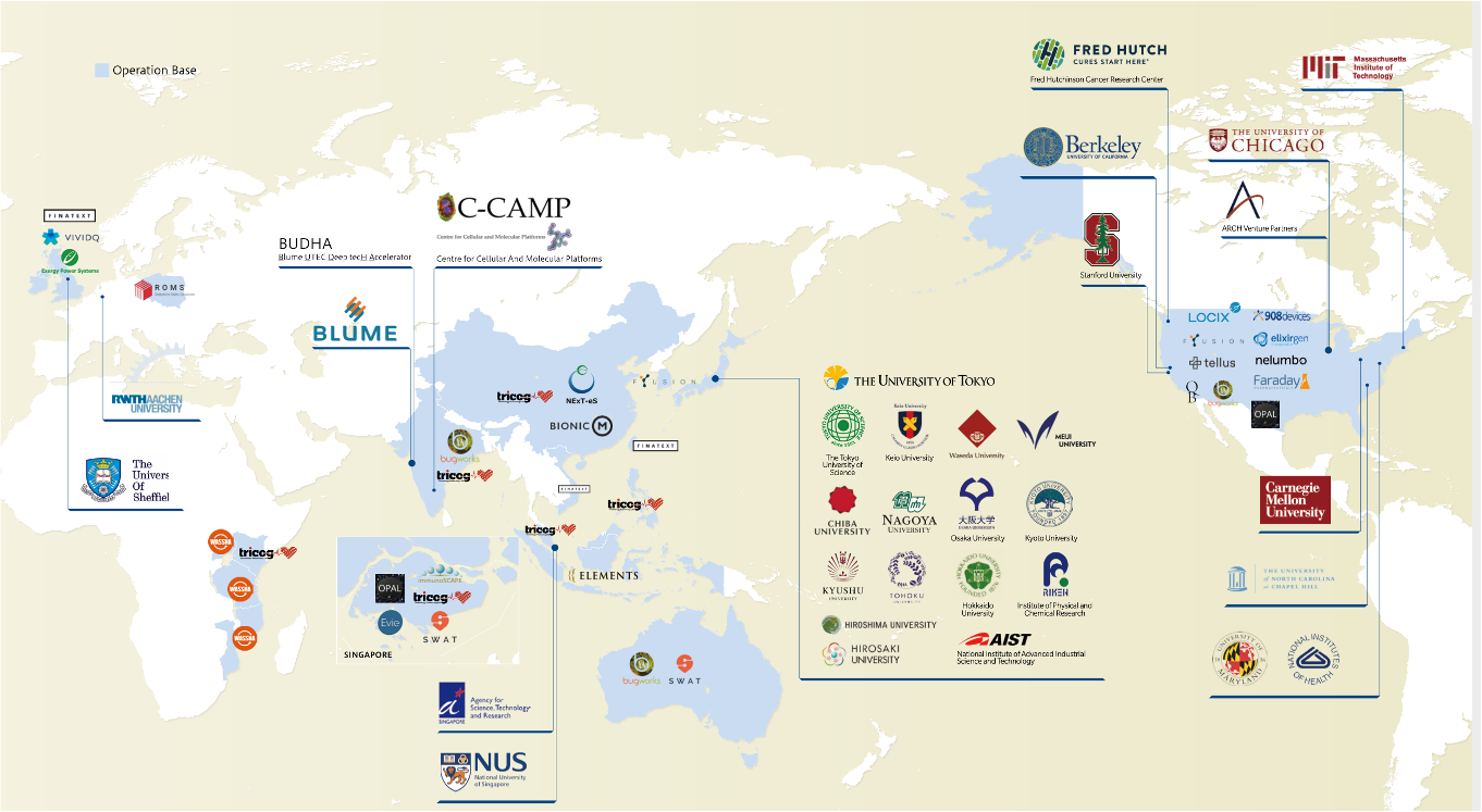 A map showing UTEC's deep-tech investments around the world