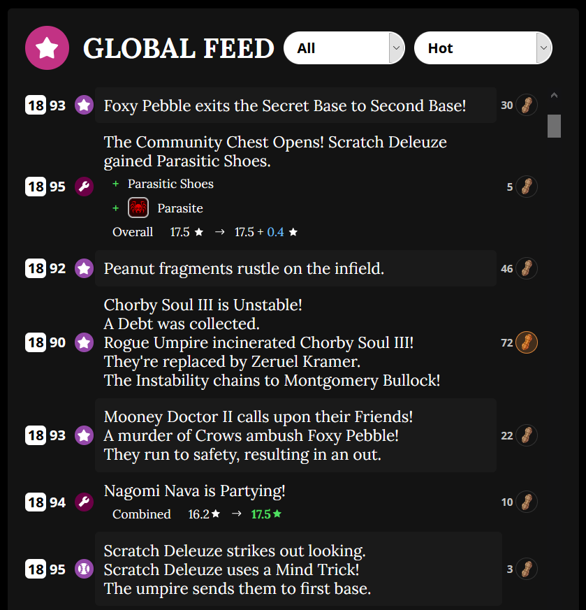 Activity feed from the game Blaseball showing various absurd and normal events like hits and incinerations.
