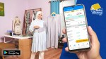 A composite image of a clothing seller who uses BukuWarung with a screenshot of the app
