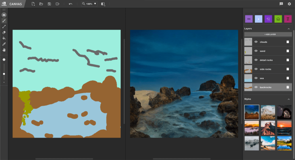 Image of the Canvas interface, with sketch on the left and photorealistic image on the right, with controls at the edge.
