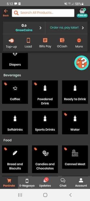 A screenshot of product categories in GrowSari's app