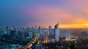 A photo of the Jakarta skyline during sunset