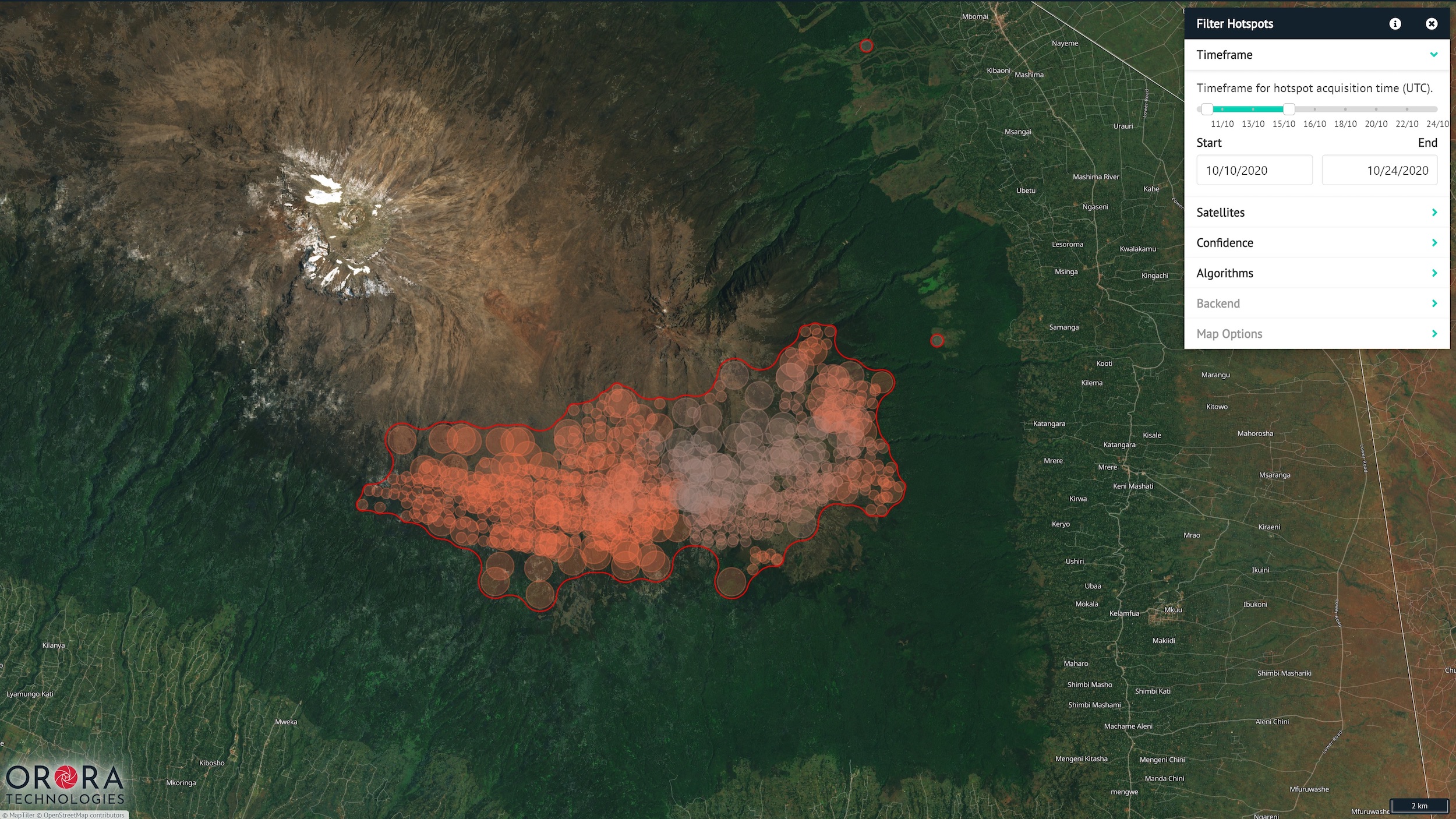 Screenshot of OroraTech wildfire monitoring software showing heat detection in a forest.