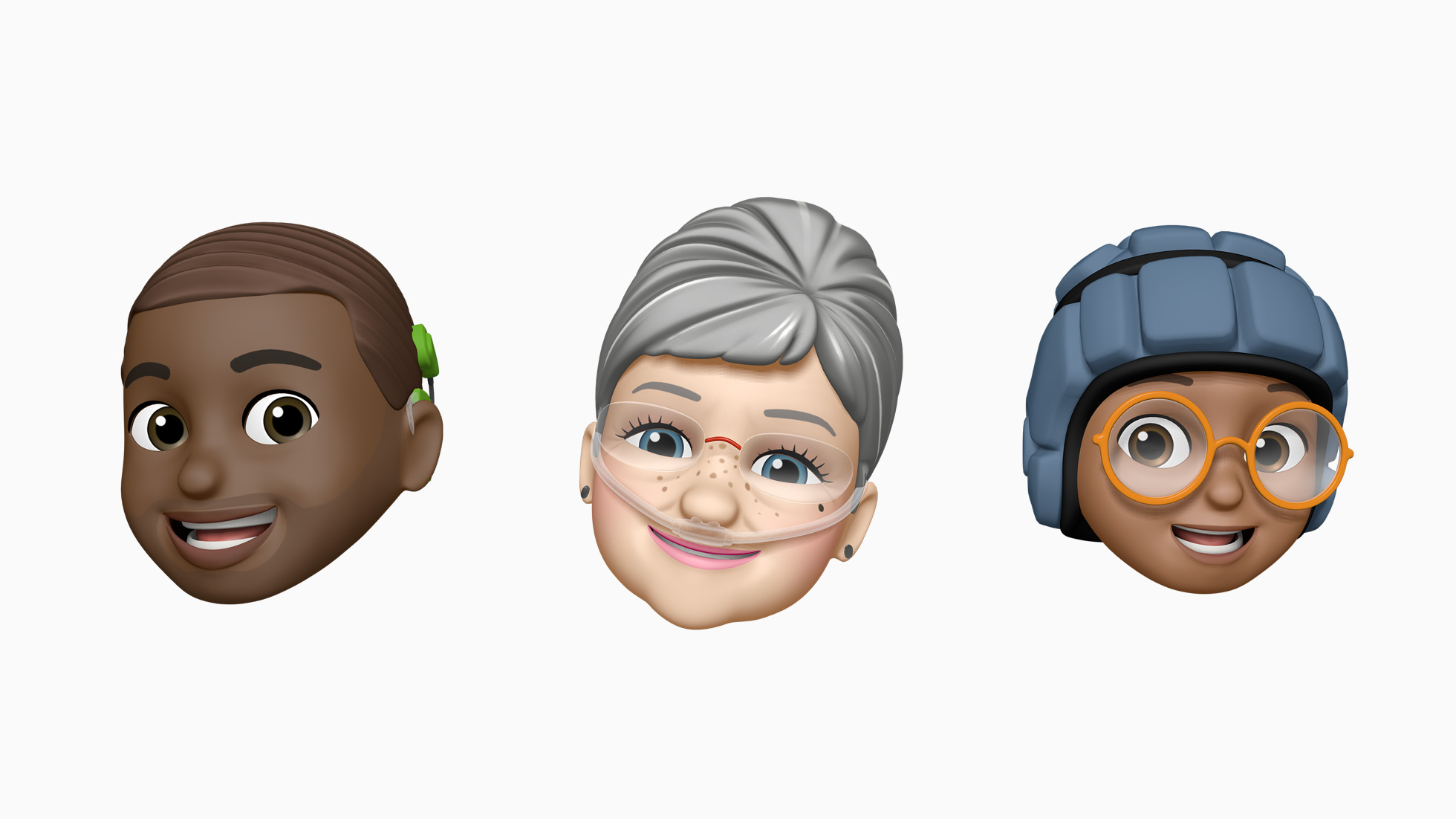 Images of Apple Memoji with a cochlear implant, an oxygen tube, and a soft helmet.