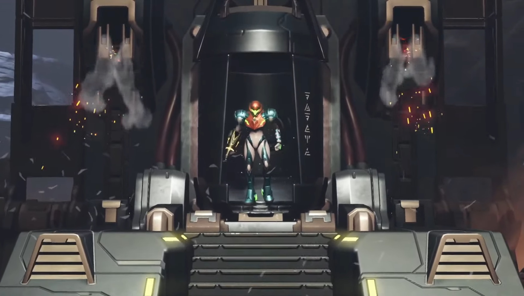 Samus steps out of a chamber in a screenshot from Metroid Dread.