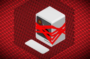 Illustration of a desktop computer wrapped in red tape