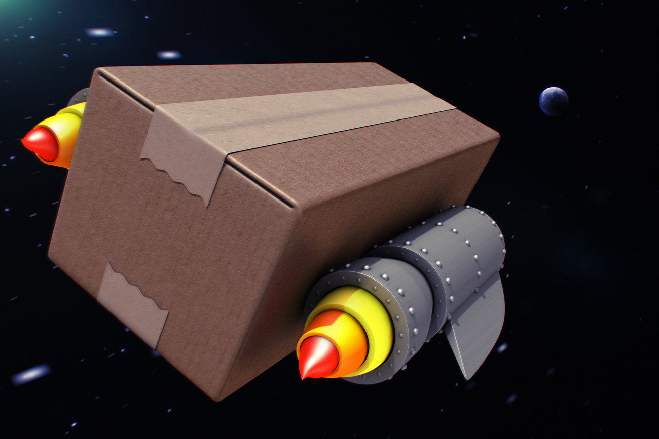 a cardboard box flies through outer space propelled by two thruster rockets