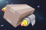 a cardboard box flies through outer space propelled by two thruster rockets