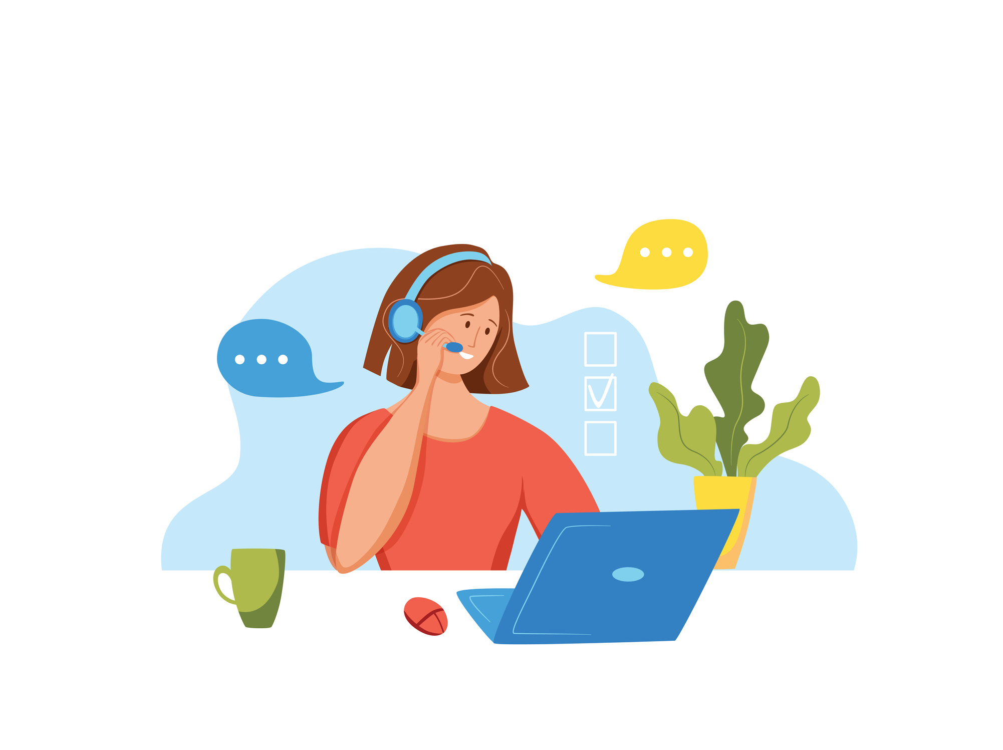 Call center operator vector illustration. Customer online support manager woman working in headphones with microphone in sales