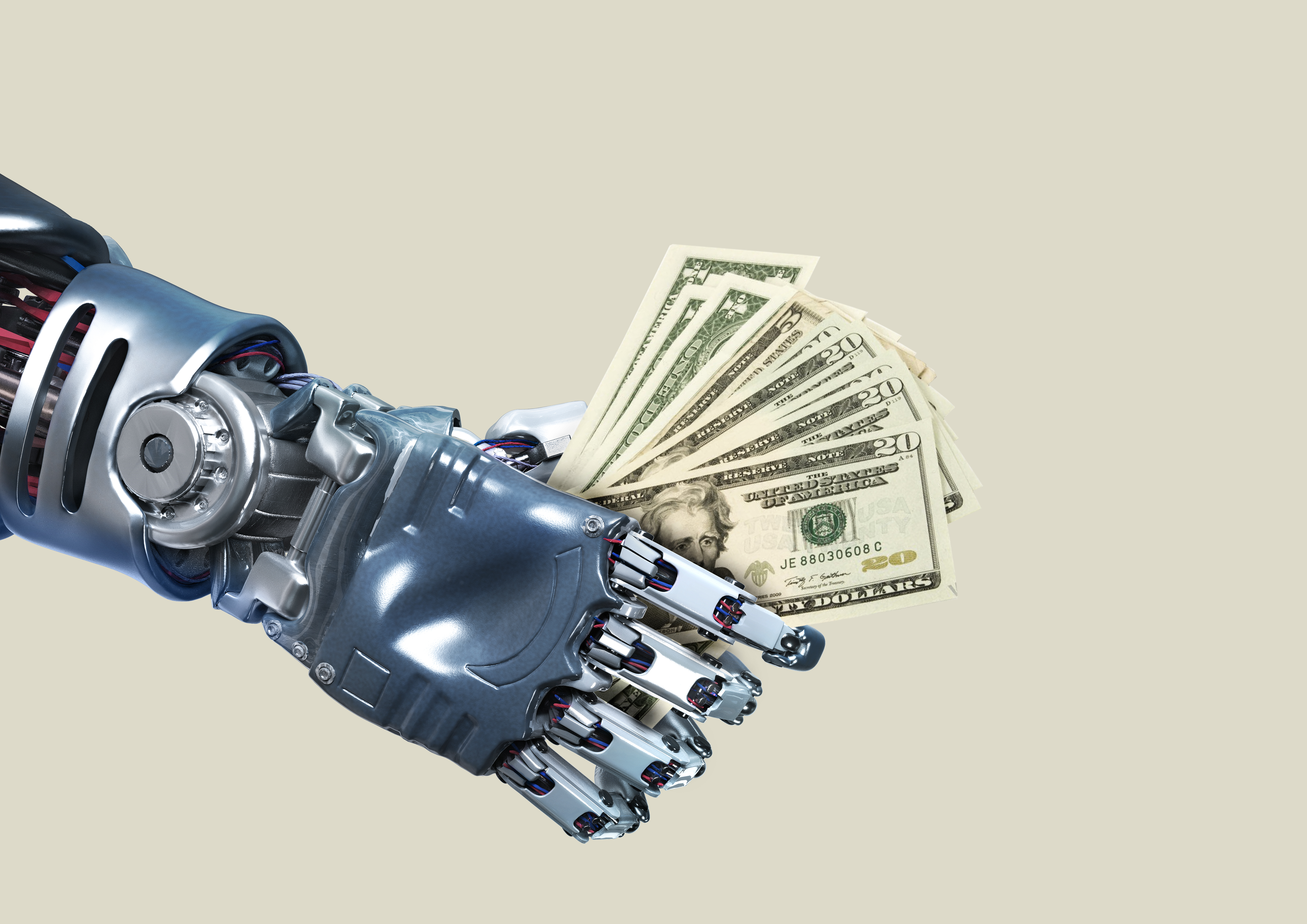 Gambar robot memegang segenggam uang tunai untuk mewakili pendanaan startup robotika.