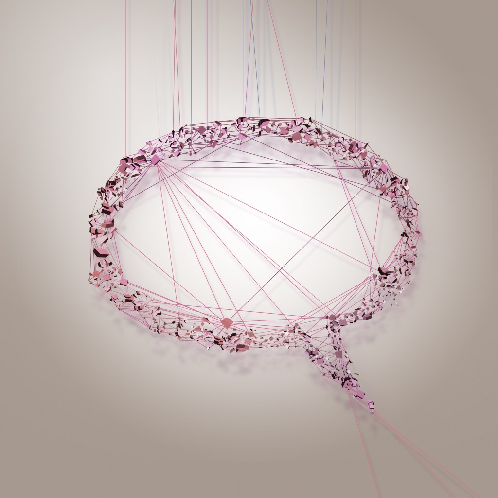 Image of a pink speech bubble tied up in string.