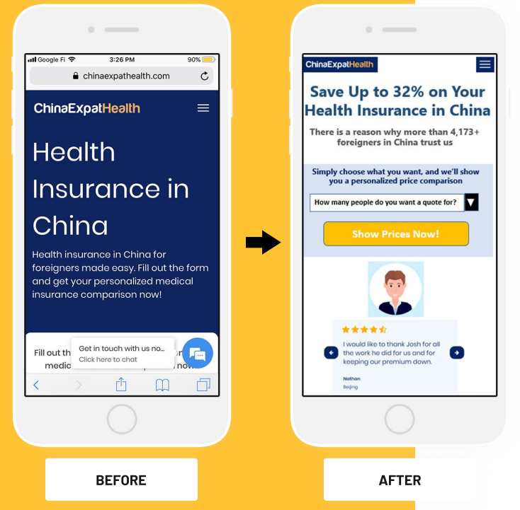 Before-and-after screenshots of the mobile version of ChinaExpatHealth after a marketing test.
