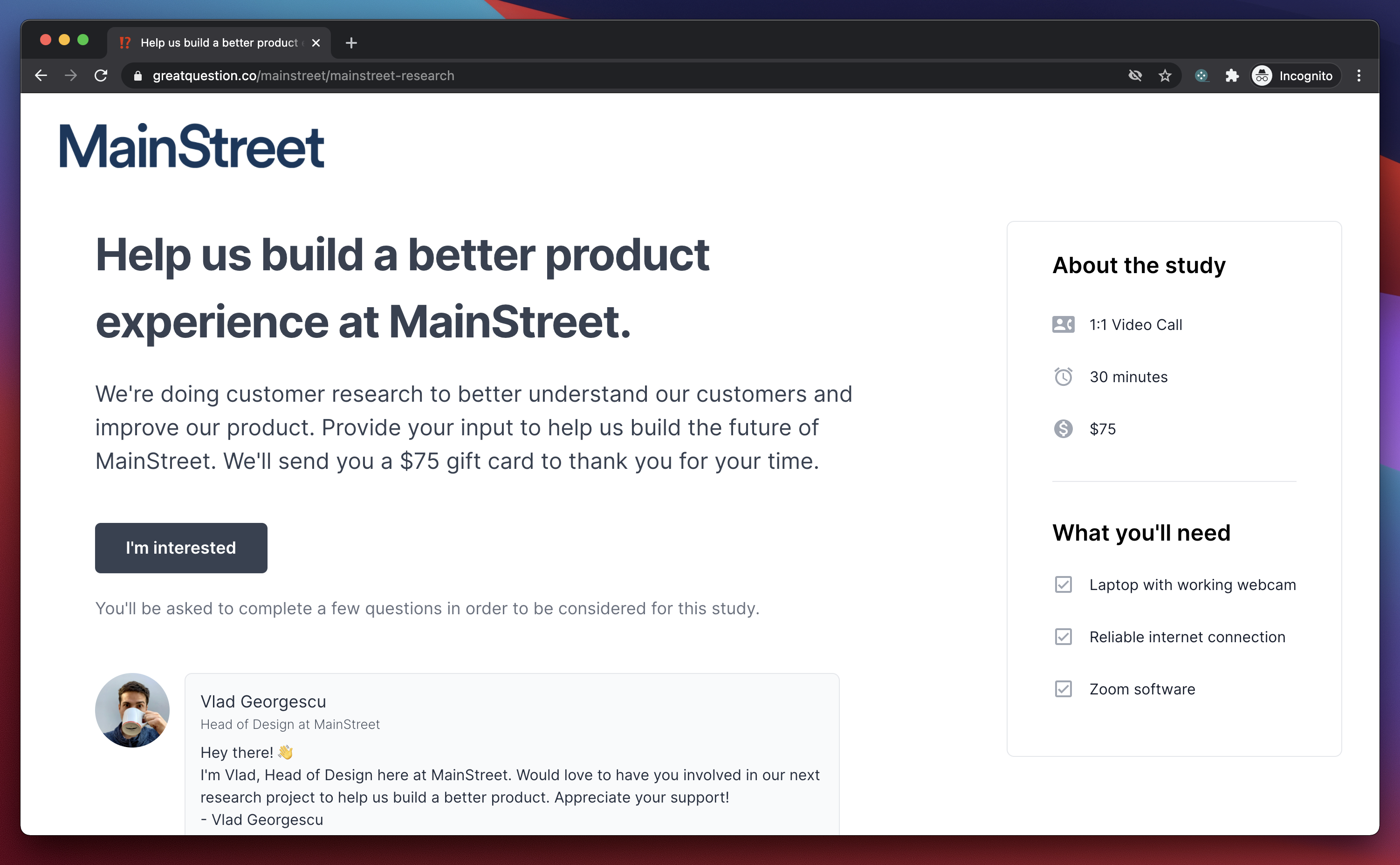 Une page de destination créée pour MainStreet avec la plateforme de recherche d'utilisateurs de Great Question