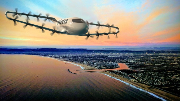 Render of a Craft aircraft flying over a city.