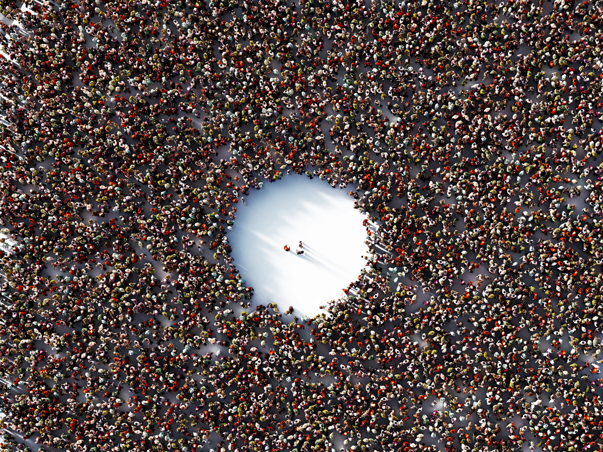 Human crowd surrounding three people on white background.
