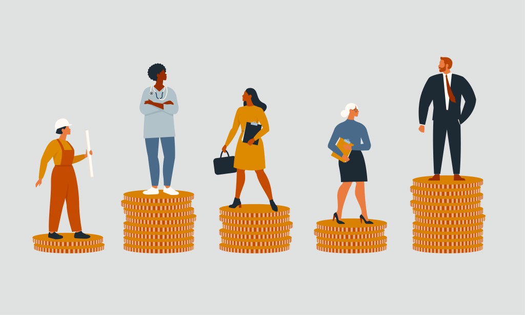 Illustration of people standing on coins to represent pay differentials for hybrid workers.