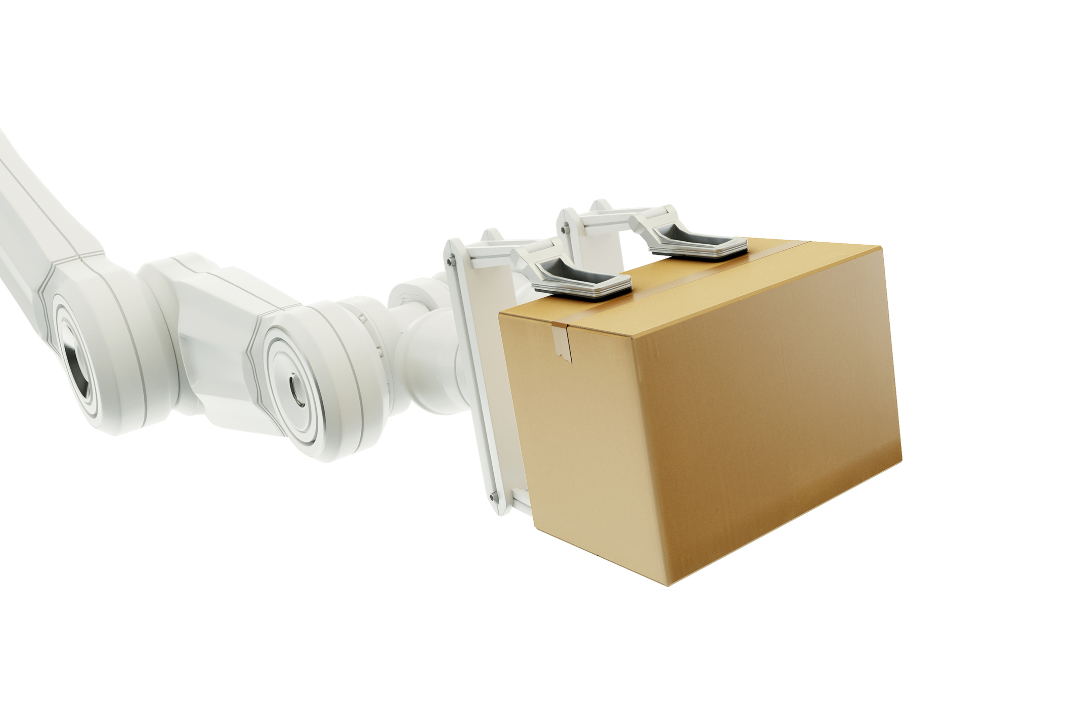 Robot arm holding a cardboard box