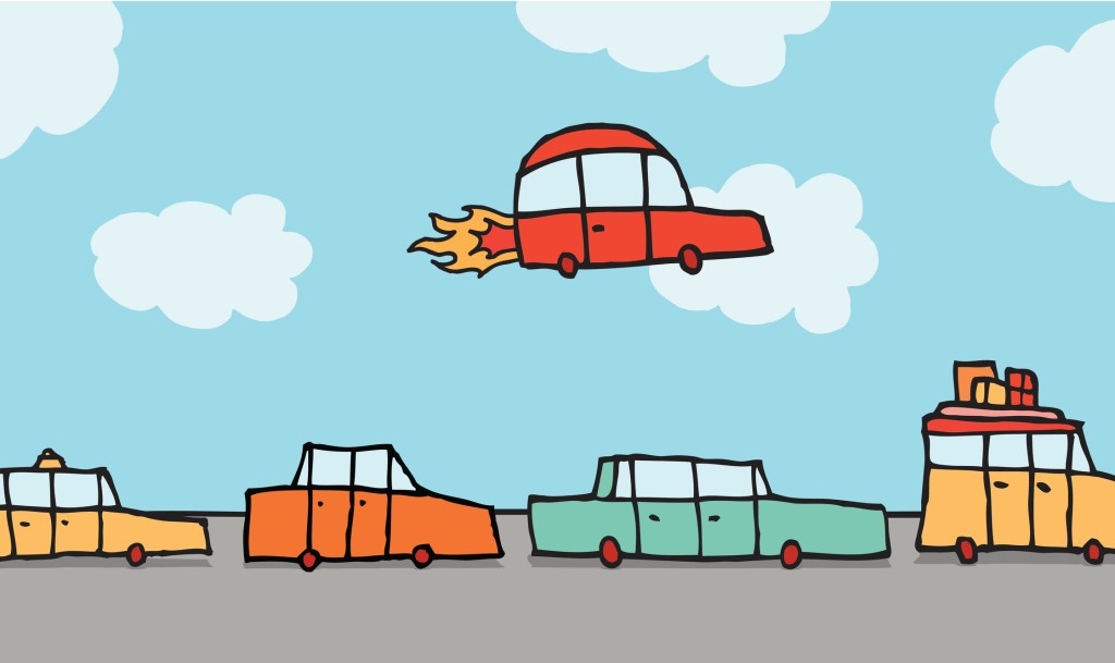 Cartoon illustration of a flying car passing above other land vehicles