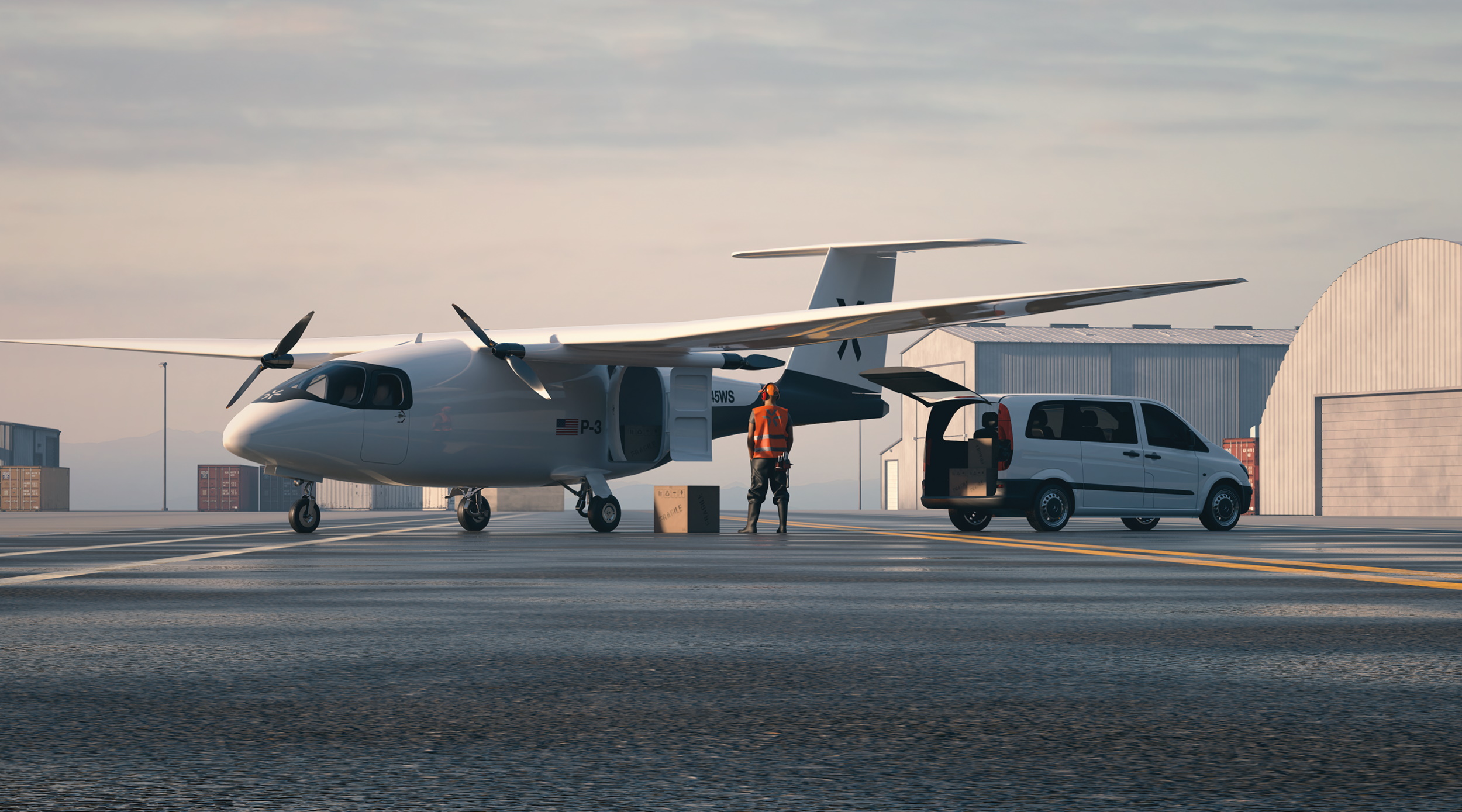 CG render of Pyka's P3 plane on a runway with people getting into it.
