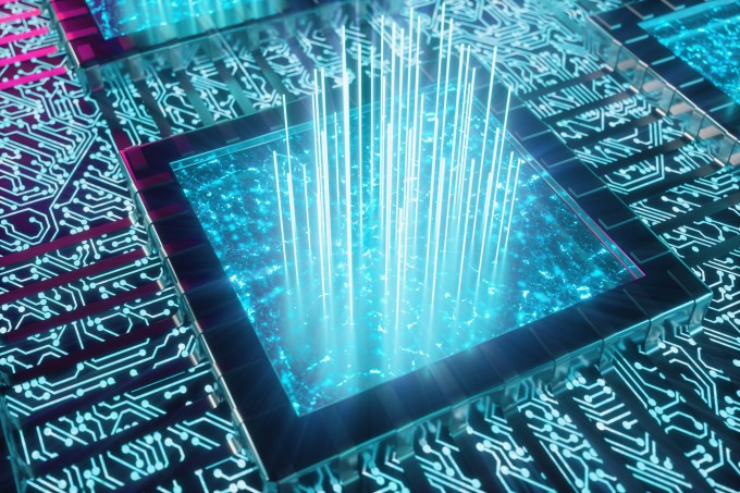 AI - artificial intelligence CPU concept. Machine learning. CPU on the board with glow tracks. Background scientific concept in blue light, 3D illustration